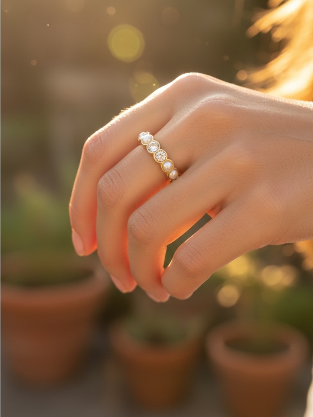 NIB Kurt Geiger London Crystal & Faux Pearl Goldtone Eternity Ring ~ Size 8